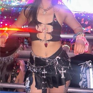 Black Cut-Out Top and Skirt with Charm Belt Rave Set